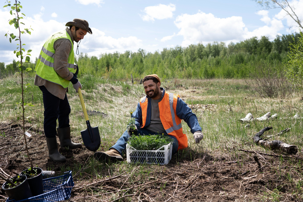 Dos personas trabajando en el cultivo